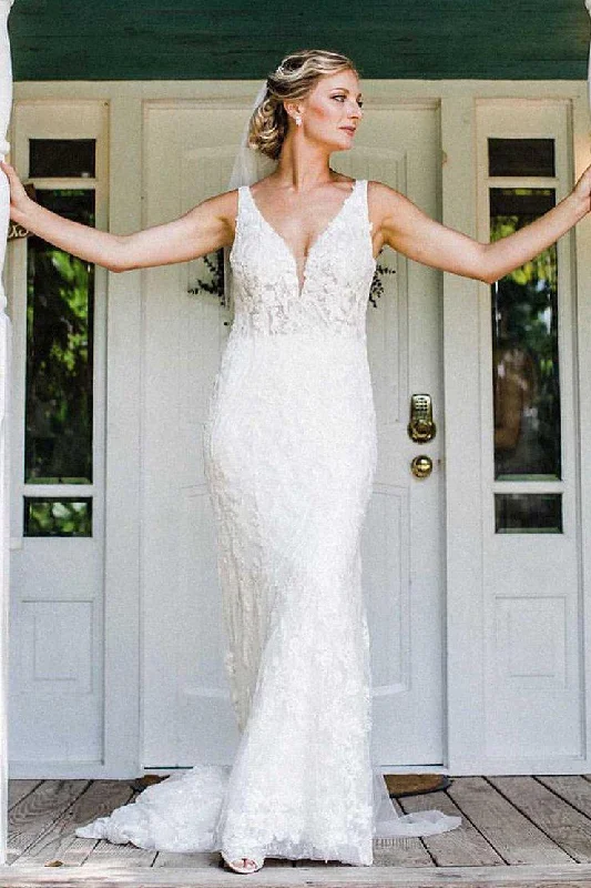 Flash Deals Sexy V Neck Sleeveless Mermaid Backless Wedding Dresses