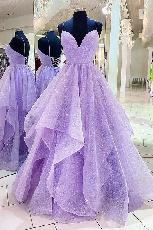 Today’s Deal Purple V Neck Sleeveless A Line Tulle Sequin Prom Dresses