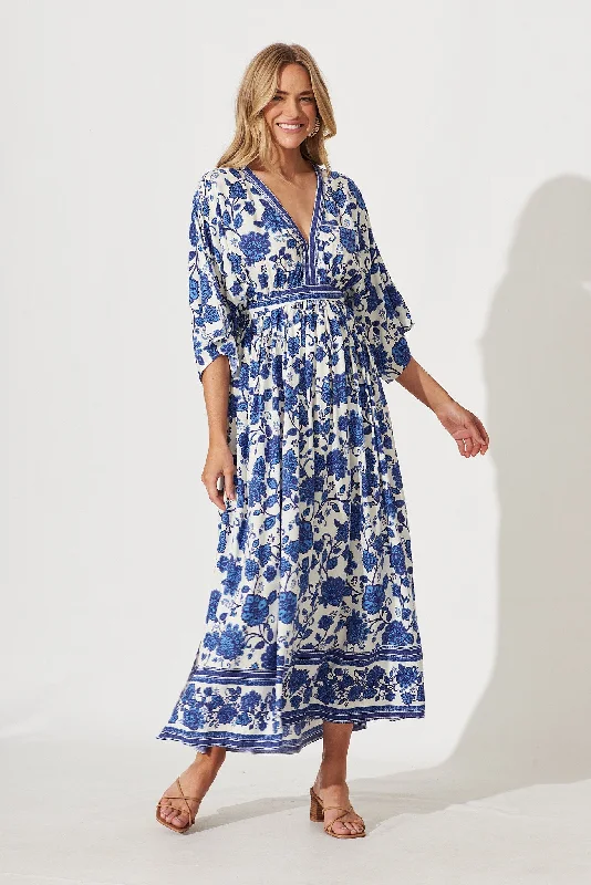 Seasonal Sale Break Free Maxi Dress In Cream With Blue Floral Border Print
