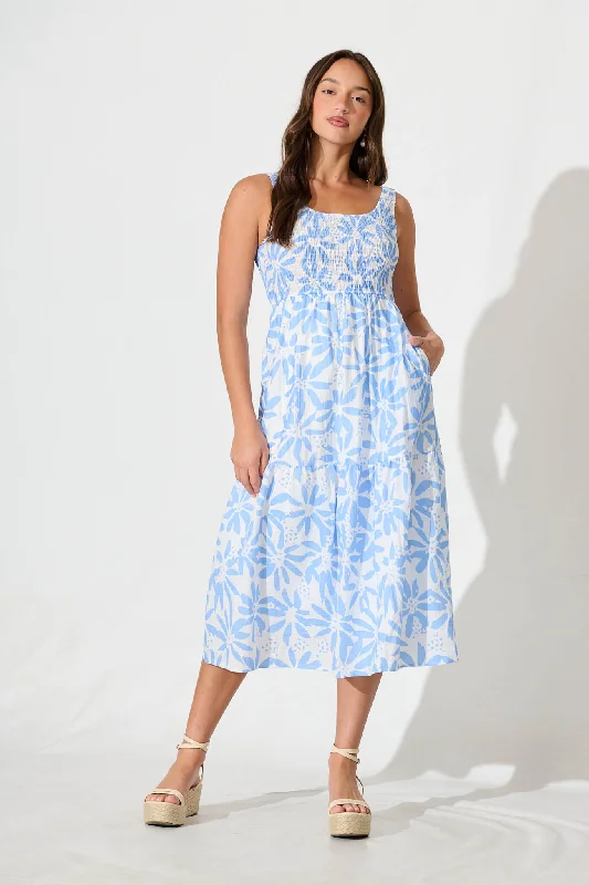 Steals and Deals Caribbean Midi Dress In White with Blue Flower