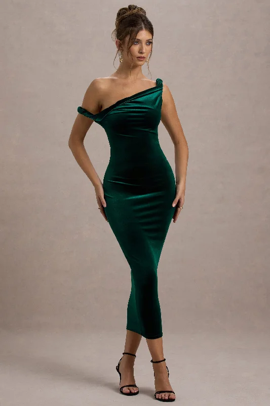 Act Now Carella | Bottle Green Velvet Twisted Asymmetric Midi Dress