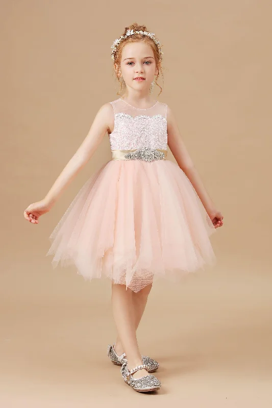 Deal of the Week Chic Asymmetrical Sleeveless Applique Tulle Satin Flower Girl Dresses With Rhinestone Belt