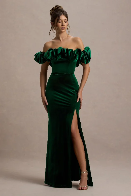 Season Finale Sale Esmeralda | Bottle Green Velvet Structured Ruffled Bardot Maxi Dress