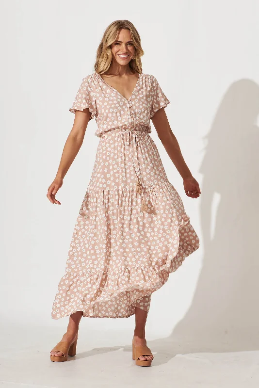 Final Markdown Yara Maxi Dress In Beige With White Flower Print