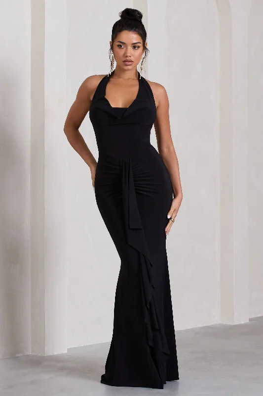 Final Clearance Kaia | Black Ruched Cowl-Neck Maxi Dress With Drape