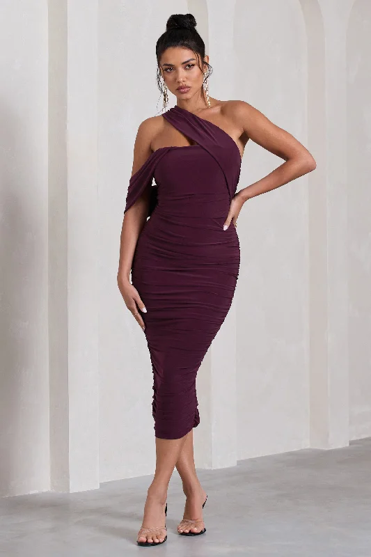 Special Discount Cici | Plum Asymmetric One Shoulder Ruched Midi Dress