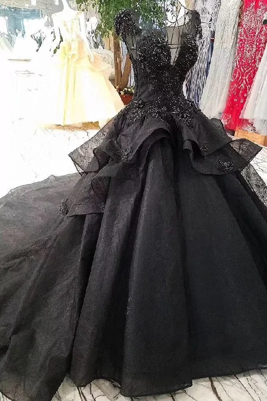 Daily Deals Stunning Cap Sleeves Ball Gown Black Long Wedding Dresses with Beads