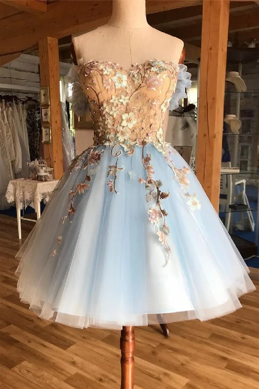 Deal Mania Pretty Lace Up Appliques Short Light Blue Homecoming Dresses