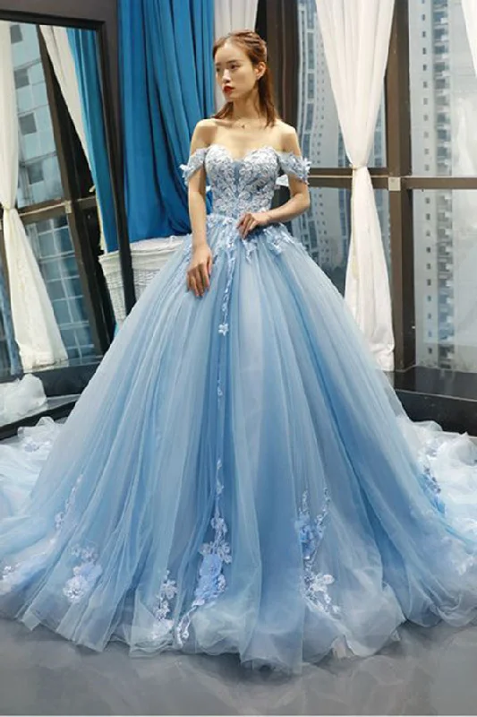 The Best Prices Off Shoulder Sweetheart Lace Ball Gown Blue Prom Dresses