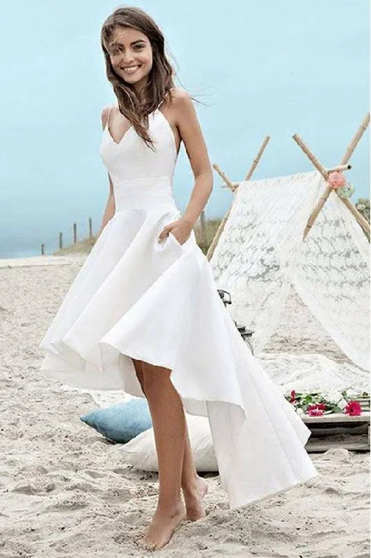 Seasonal Sale Simple Ivory Satin V-Neck Sleeveless Spaghetti Straps High Low Beach Wedding Dresses With Pockets