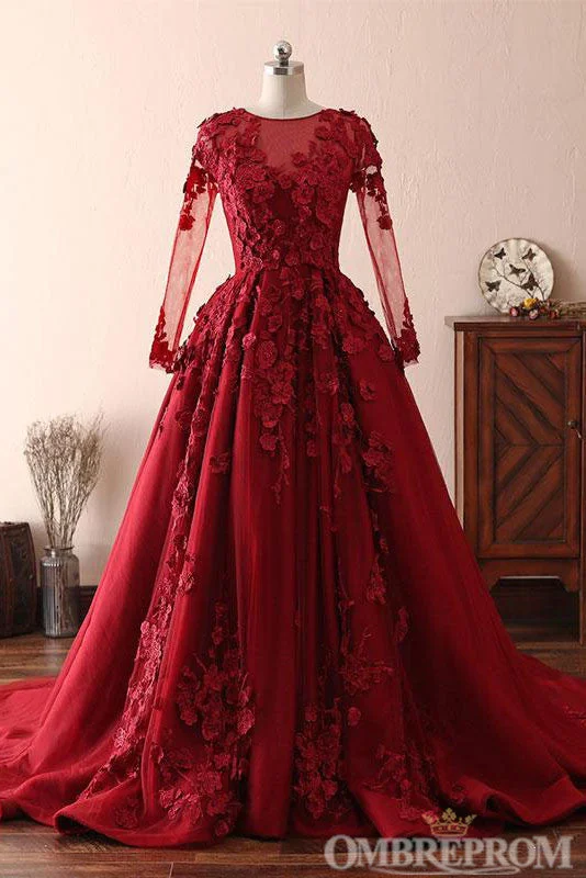 Don't Miss Ombreprom Modest Elegant Burgundy Scoop Neck Long Sleeves Ball Gown Prom Dresses With Appliques