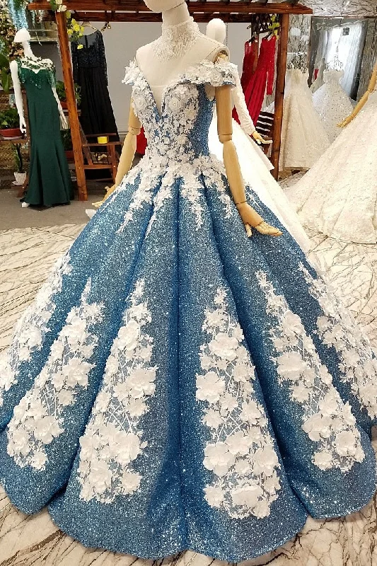 Special Promotion Glitter Blue Off The Shoulder Lace Up Long Ball Gown Wedding Dresses Princess Dresses