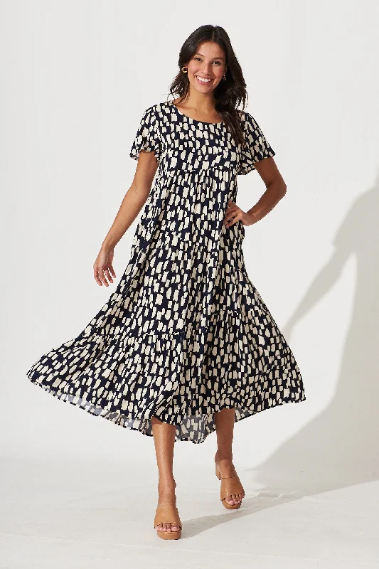 Epic Deals Louisiana Midi Smock Dress In Navy With Cream Print