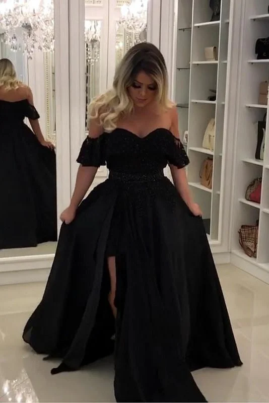 Markdowns Off The Shoulder Black Long A-line Simple Prom Dresses Modest Party Dresses Markdowns Off The Shoulder Black Long A-line Simple Prom Dresses Modest Party Dresses