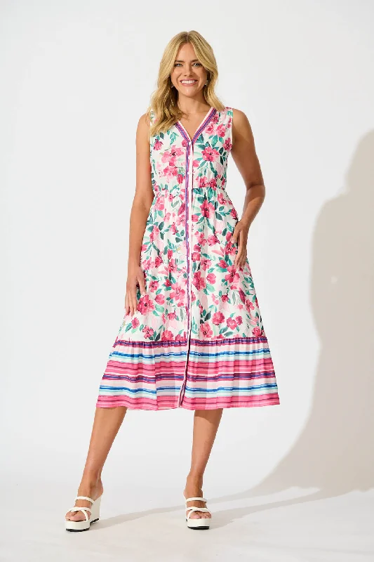 Low Prices Kimmy Midi Dress in White with Pink Multi Floral