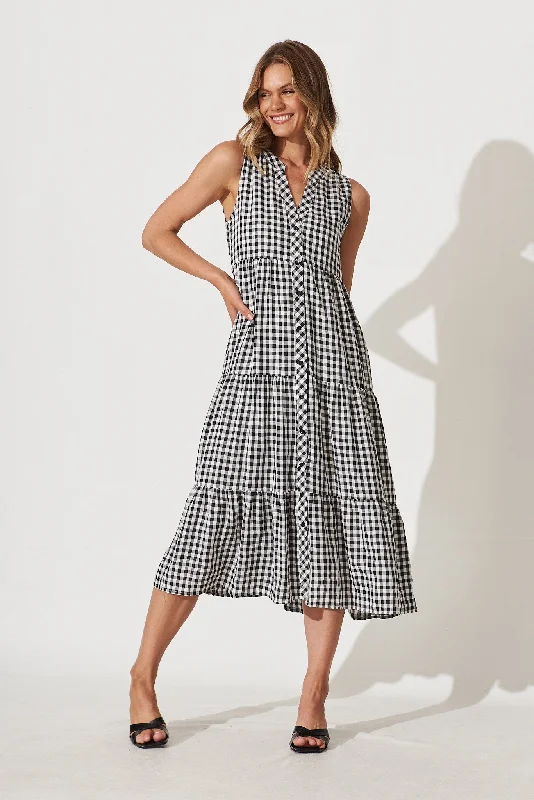 Huge Savings Jolly Midi Smock Dress In Black Gingham Check Cotton Blend