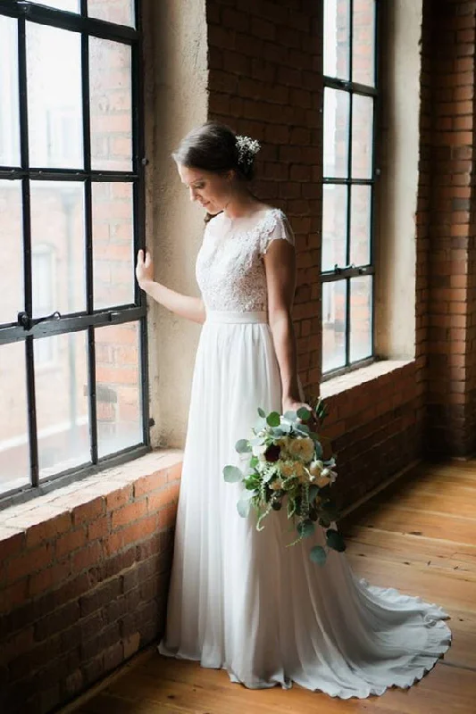 Deal Alert Elegant Ivory Lace Chiffon Long A Line Brush Train Cap Sleeves Beach Wedding Dresses For Bride Deal Alert Elegant Ivory Lace Chiffon Long A Line Brush Train Cap Sleeves Beach Wedding Dresses For Bride