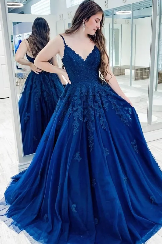 Crazy Deals Blue Sleeveless Lace Appliques Long A Line Prom Dresses