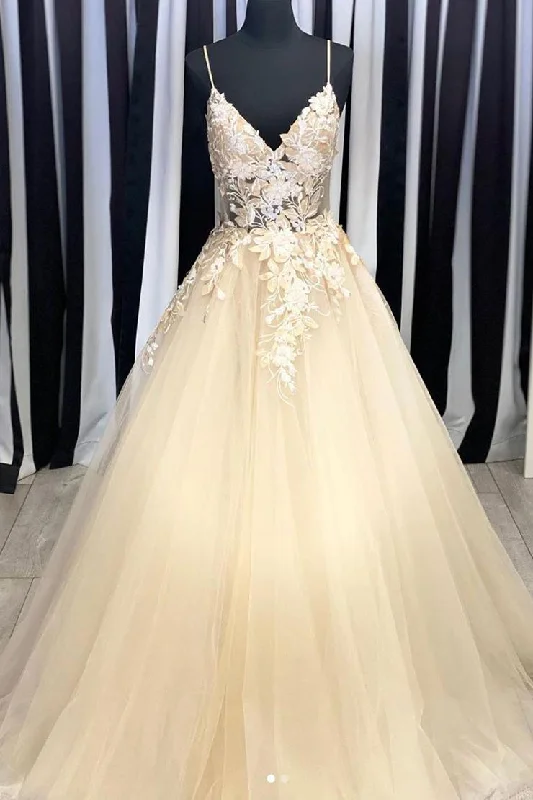 Low Prices Champagne V Neck Tulle Lace Long Prom Dresses Evening Dresses