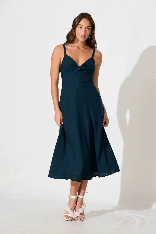 Price Cut Roselani Midi Sundress in Navy Cotton Linen Blend