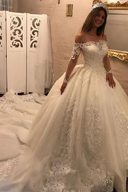 Shop and Save Off Shoulder Long Sleeves Open Back Lace Wedding Dresses with Chapel Train Shop and Save Off Shoulder Long Sleeves Open Back Lace Wedding Dresses with Chapel Train