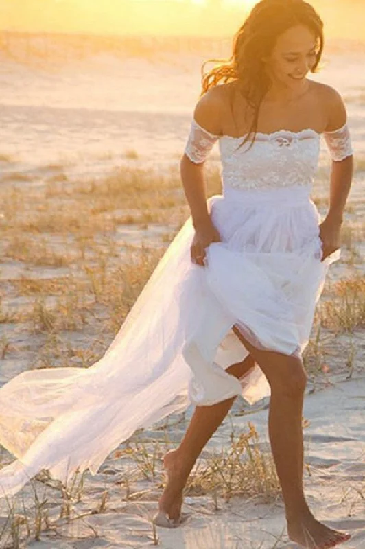 Sale Event Simple Off Shoulder Short Sleeves Tulle Lace Beach Wedding Dresses