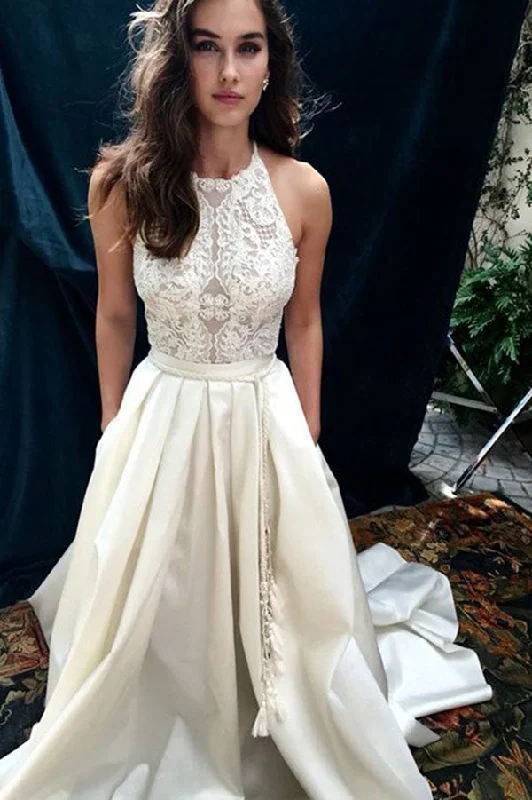 Special Discount Charming Halter Satin Court Train Sleeveless Lace Wedding Dresses with Appliques Special Discount Charming Halter Satin Court Train Sleeveless Lace Wedding Dresses with Appliques