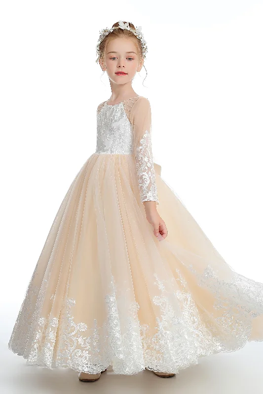 Buy More, Save More Floor Length Champagne Tulle Flower Girl Dresses With Pearls