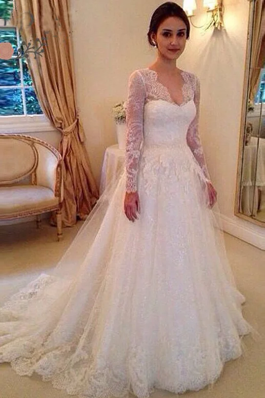 Fantastic Offers Charming V Neck Long Sleeves Sweep Train Lace Wedding Dresses