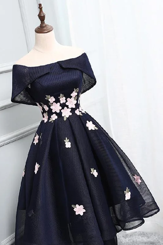 Unbeatable Prices Unique A-Line High Low Off The Shoulder Lace Up Navy Blue Elegant Prom Dresses With Appliques Unbeatable Prices Unique A-Line High Low Off The Shoulder Lace Up Navy Blue Elegant Prom Dresses With Appliques