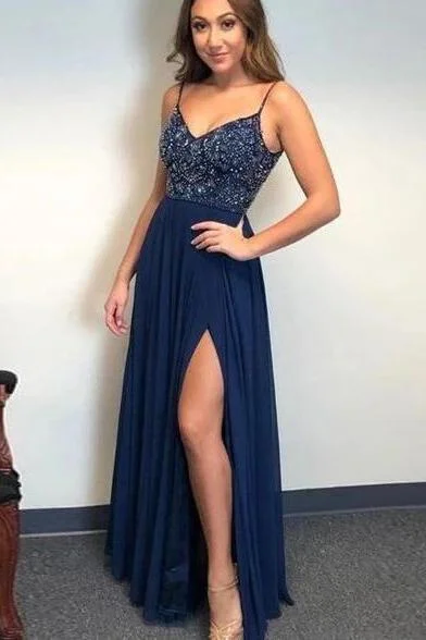 Special Promotion Dark Navy A-line Spaghetti Straps Backless Beaded Long Prom Dresses Special Promotion Dark Navy A-line Spaghetti Straps Backless Beaded Long Prom Dresses