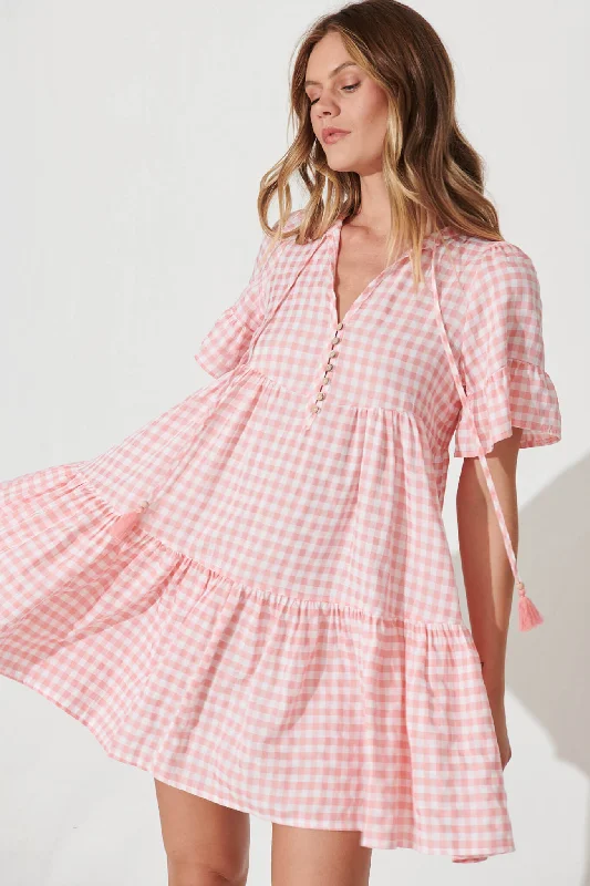 Limited Time Tahnee Smock Dress In Pink And White Gingham Cotton Blend