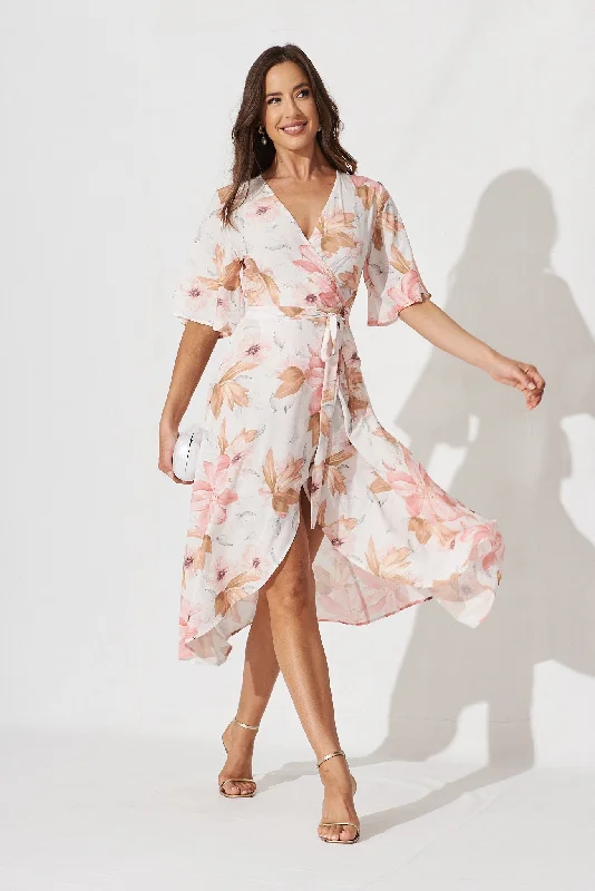 Massive Deals Bellerose Midi Wrap Dress In White With Peach Floral