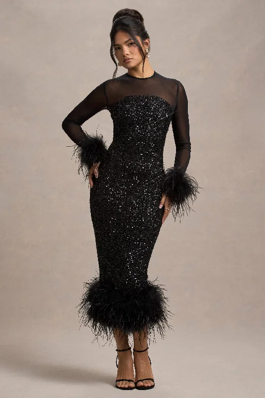 Flash Sale Afterglow | Black Sequin Long-Sleeve Midi Dress With Feather Trims