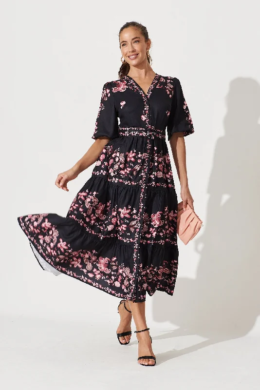 Weekend Special Piper Midi Dress In Black With Blush Floral