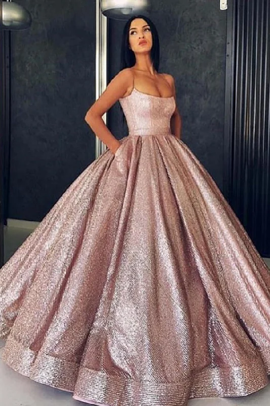 Fantastic Deals Sparkly Spaghetti Straps Sleeveless A Line Ball Gown Prom Dresses With Pocket