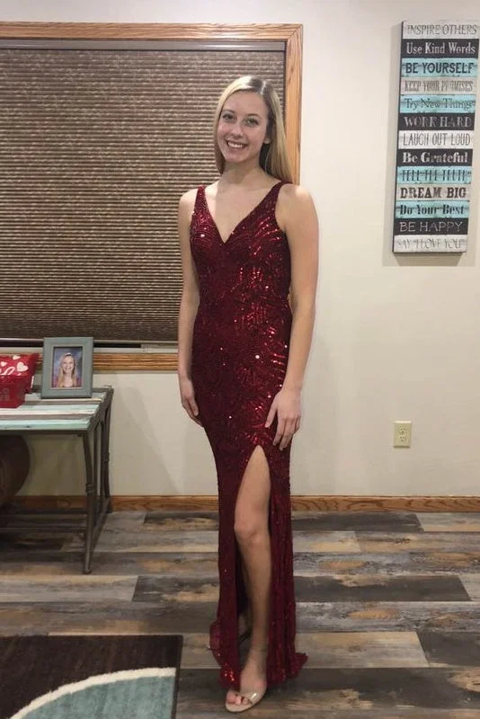 Unbeatable Prices Glitter Burgundy Long V-neck Floor Length Simple Prom Dresses