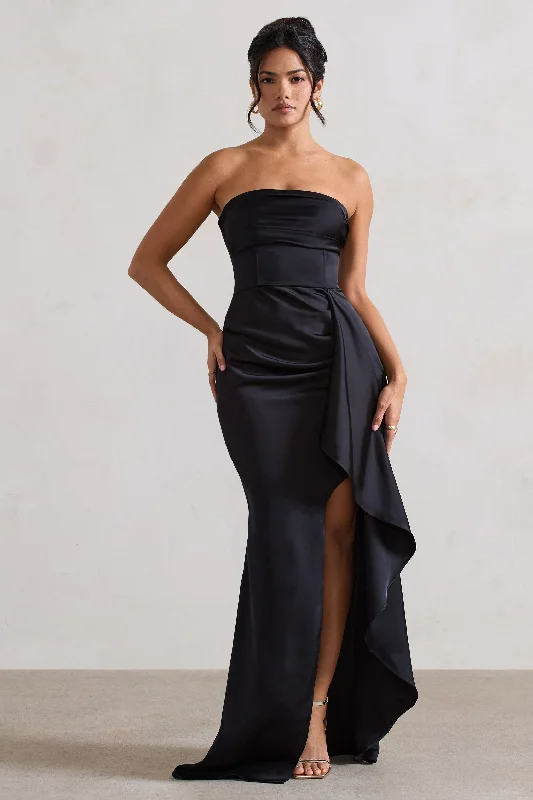 Doorbuster Deal Ace | Black Satin Bandeau Split Maxi Dress With Ruffle Drape