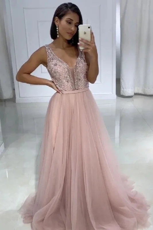 New Markdowns Girly Light Pink V-neck Beading Tulle A-line Long Prom Dresses For Teens New Markdowns Girly Light Pink V-neck Beading Tulle A-line Long Prom Dresses For Teens