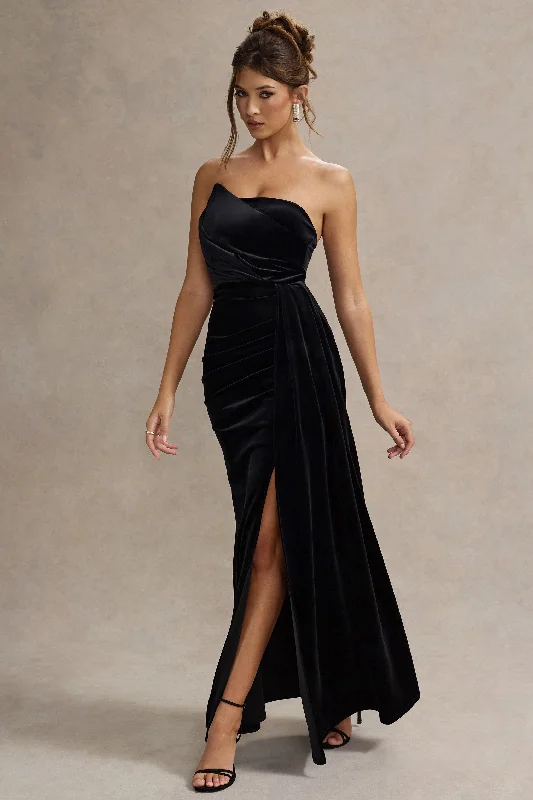 Amazing Deals Zafira | Black Velvet Strapless Draped Maxi Dress