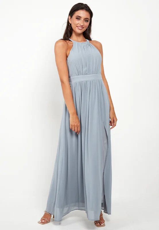 Unmissable Offer Halter Neck Maxi Dress With Leg Slit In Grey