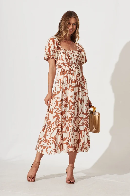Now or Never Mariam Midi Dress In Brown With Cream Floral