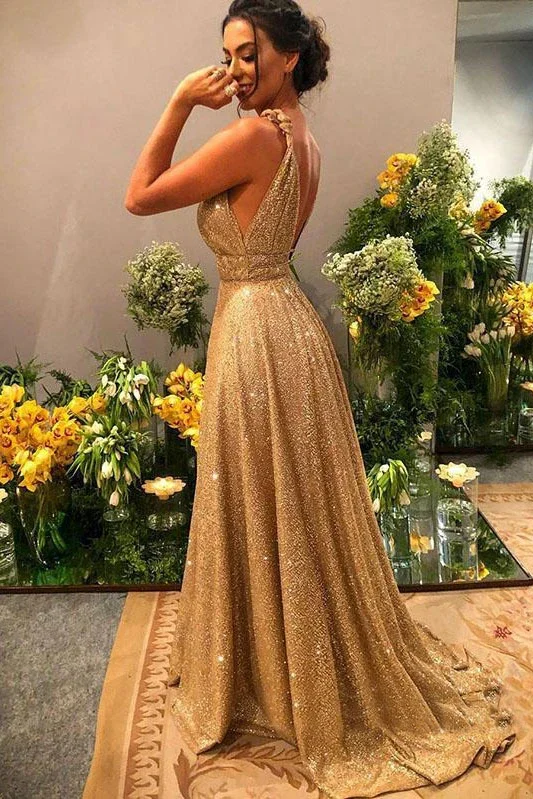 Early Access Sparkly Gold V Neck A-line Long Prom Dresses Evening Dresses