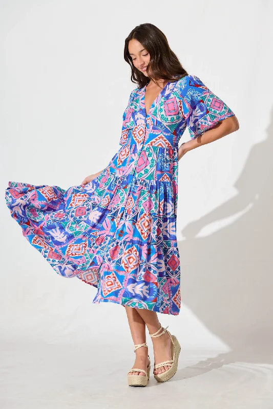 Crazy Savings Awayday Midi Dress In Pink and Blue Multi Print