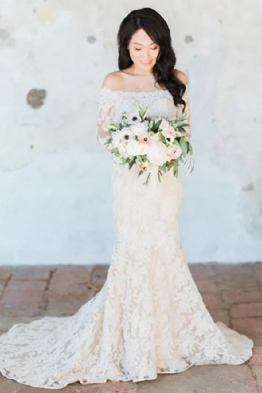 Last Chance Sheath Court Train Long Sleeves Off Shoulder Lace Wedding Dresses