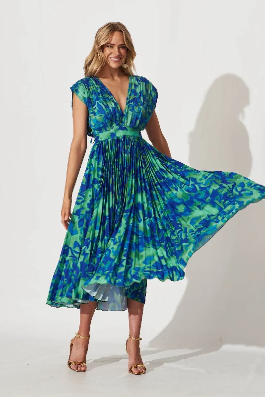 Loyalty Reward Anetta Midi Dress In Green And Blue Watercolour Satin