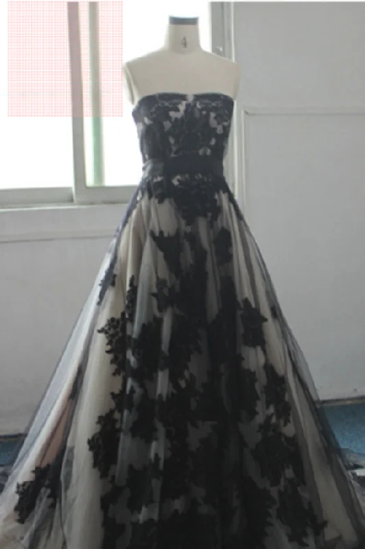 New Deals Charming Lace Appliqued Strapless With Chapel Train Wedding Dresses