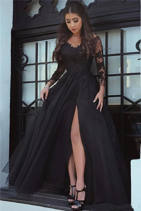 Midnight Madness Chic Long Sleeves Appliques Lace Prom Dresses with Split Side