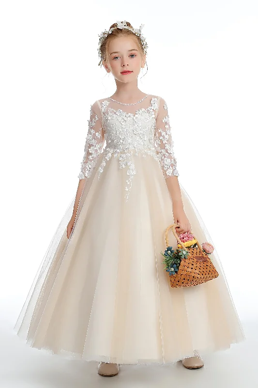 Stock Clearance Half Sleeves Floor Length Champagne Tulle Flower Girl Dresses With Lace Stock Clearance Half Sleeves Floor Length Champagne Tulle Flower Girl Dresses With Lace