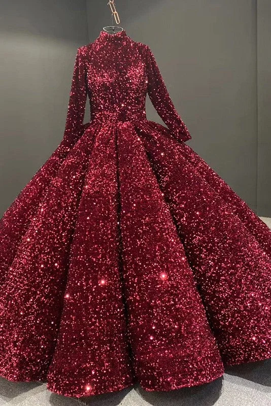 Seasonal Clearance Glitter High Neck Open Back Lace Up Ball Gown Prom Dresses